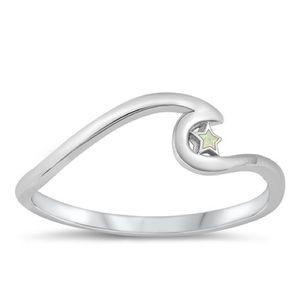 Wave And Star Ring With Lab Created Opal in Genuine 925 Sterling Silver